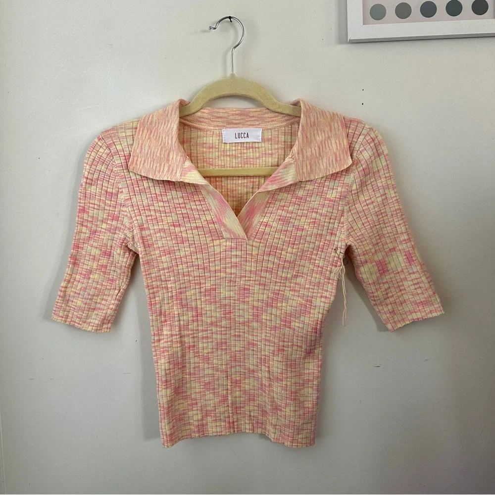 Pink & Cream Ribbed Polo Top - Picture 1 of 6